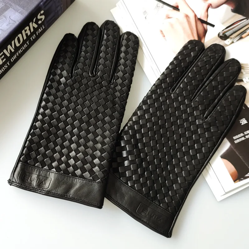 Lambskin Glove For Men Winter Male High End Hand Knitted Plush Thicken Warm Motorcycle Mittens Outdoor Rhombus Suede Gant Hombre