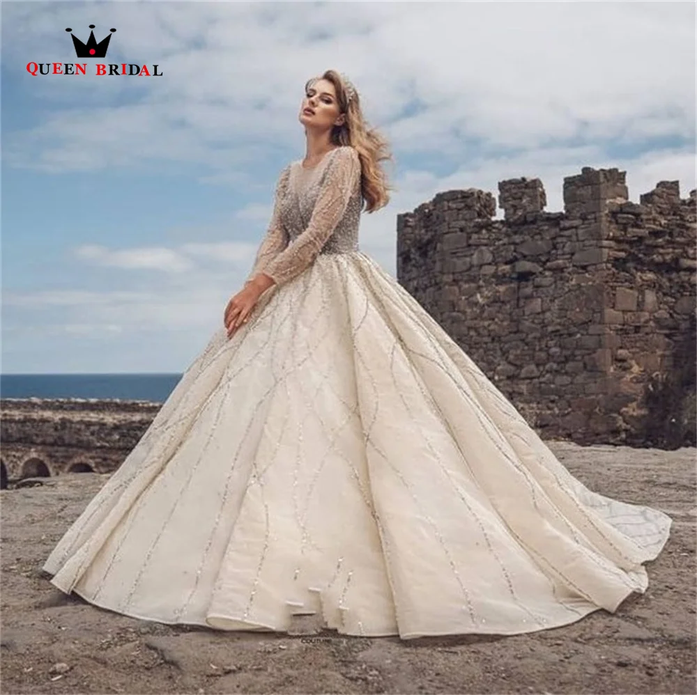 

Luxurious Wedding Dresses Ball Gown Long Sleeves Tulle Lace Crystal Beaded Pearls 2022 New Vintage Bridal Gown Custom Size DX35