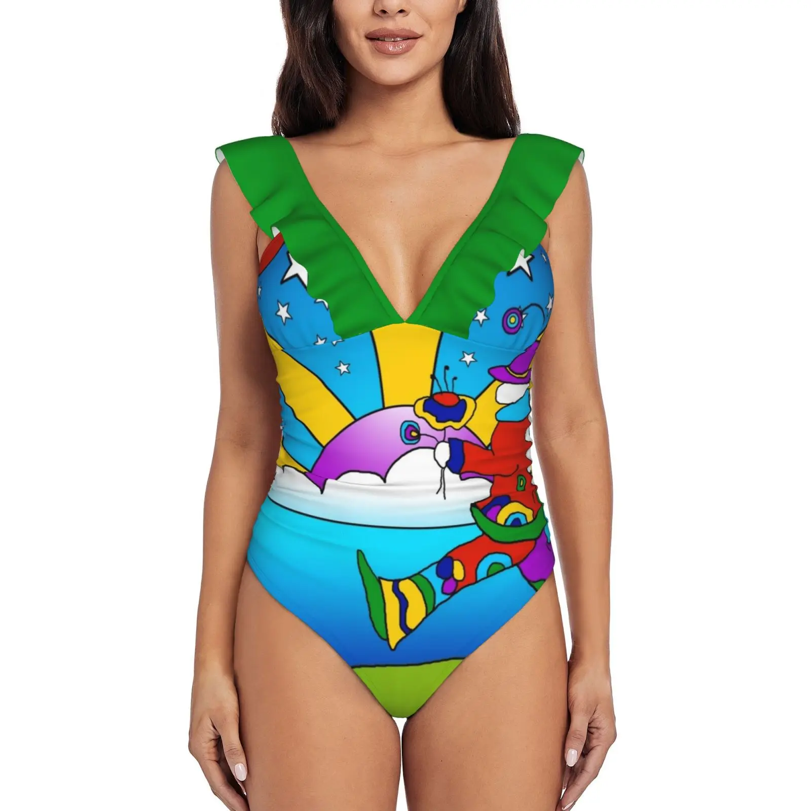 

It'S Not The End , It'S Only The Beginning New Print Swimwear Deep-V Ruffle Swimsuit One Piece Swimsuit Beach Wear Monokini
