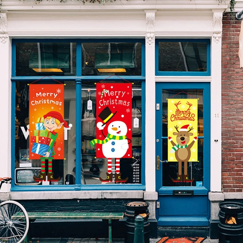 

P82C Merry Christmas Window Sign Banner Xmas Hanging Flag Porch Ornaments Santa Claus Banner for Indoor Outdoor Wall Door