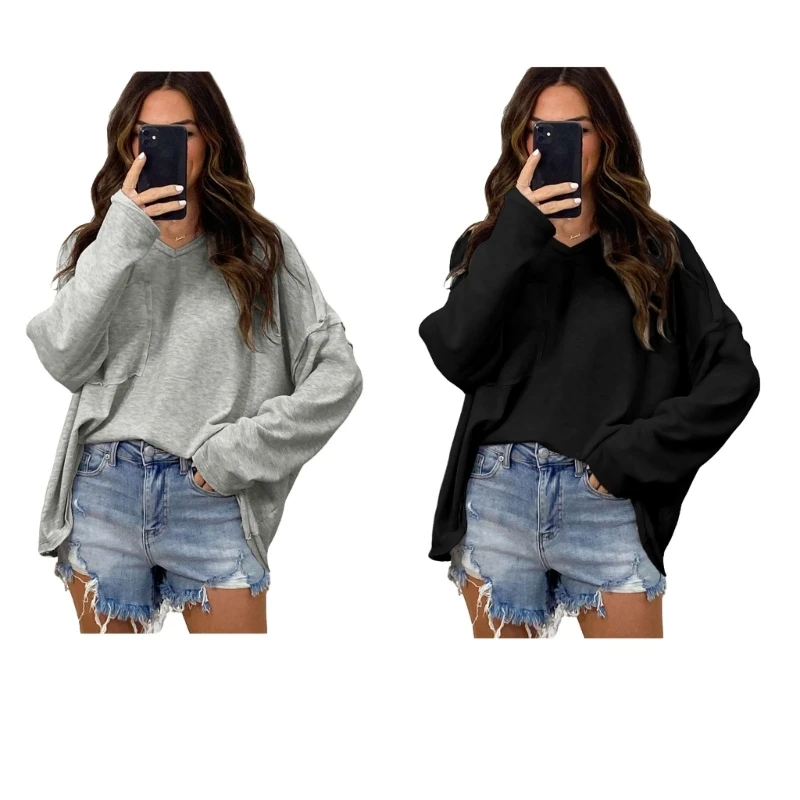 

Womens Casual T-Shirt Solid Color V-Neck Pullover Top Loose Long Sleeve T-shirt