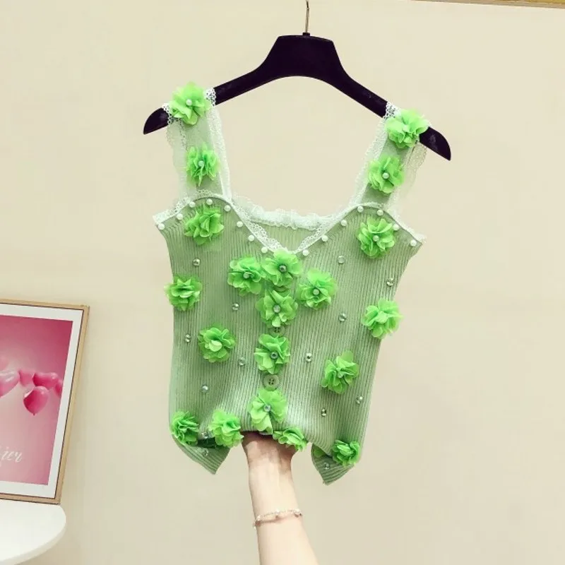 

2022 Summer New Sweet Beads Rhinestones Tanks Tops Lace Edge Three-Dimensional Flower Knitted Camisole for Women Slim Sexy Top