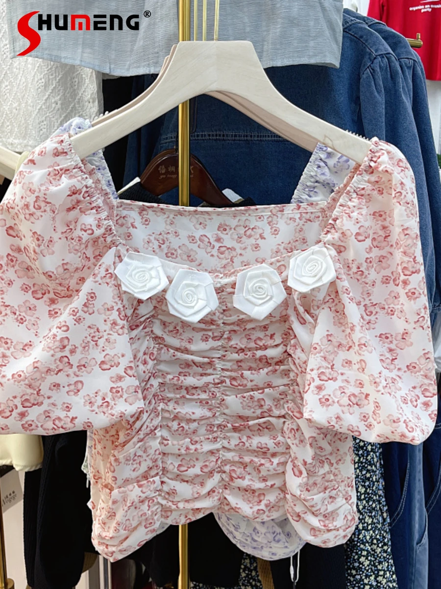 

2022 Summer New Female Fashion Sweet 3D Flower Square Collar Puff Sleeve Shirt Women's Elegant Slim-Fit Crop-Top Blouses Top