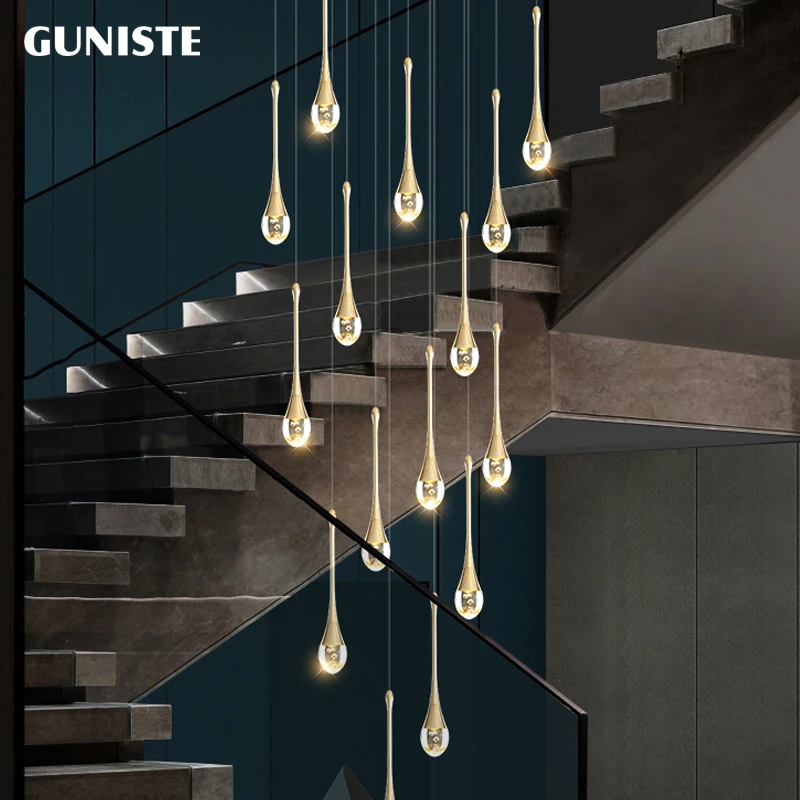 

Loft stair chandelier of duplex building simple modern Nordic Light luxury crystal water drop living room bedroom ceiling lamp