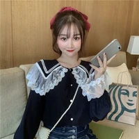 vintage cute sweet peter pan collar tops women flare sleeve preppy style date wear patchwork white lace button shirt blouse