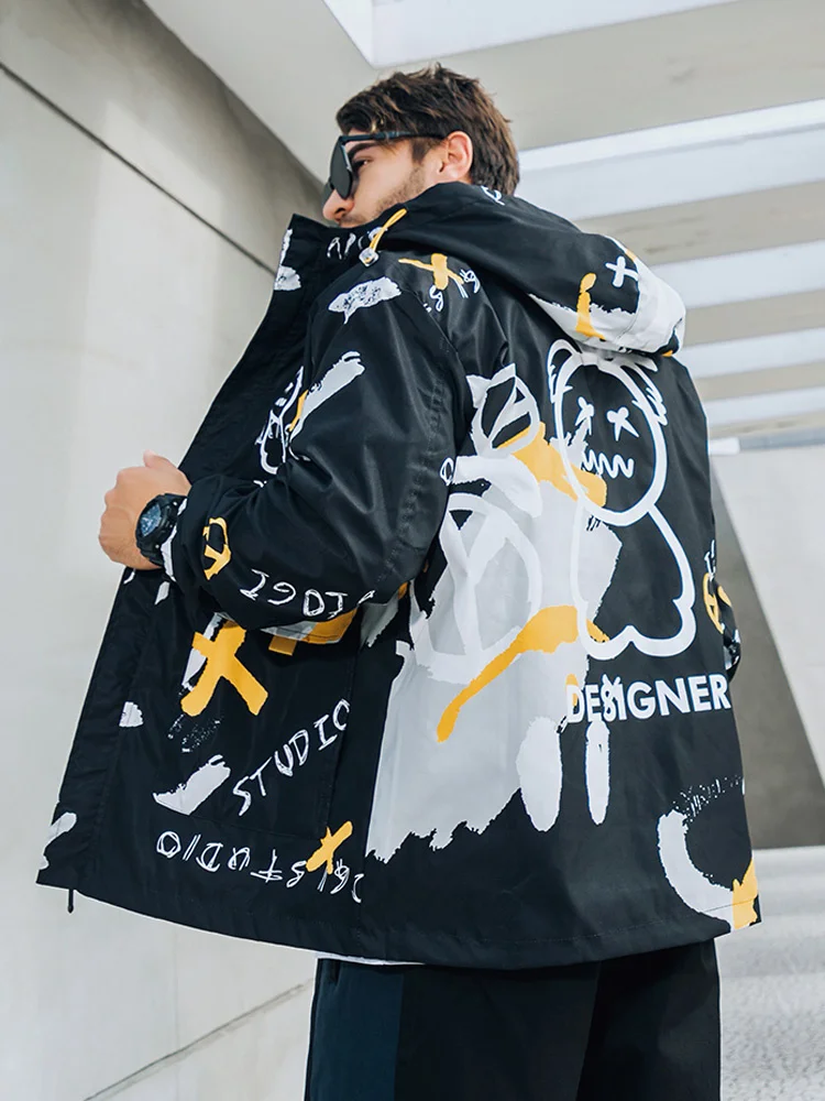 

Spring Autumn Two Side Wear Hooded Windbreaker Men's Jacket Streetwear Fashion Bear Printed Hip Hop Outfits Coat Big Size 8XL