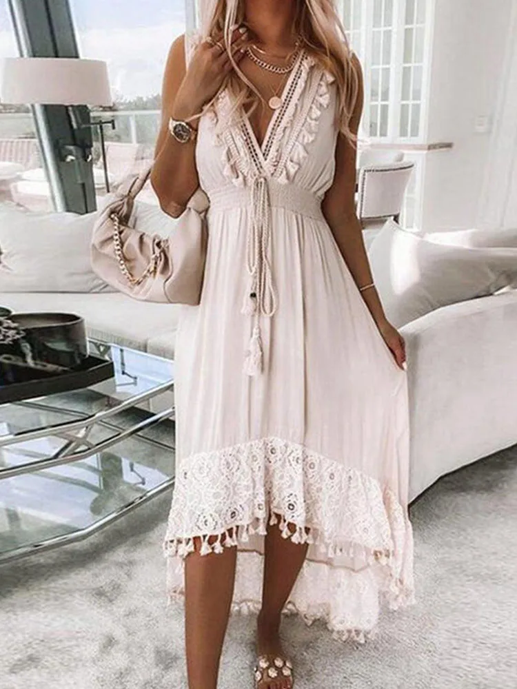 

Sexy Lace Splicing Tie-up Slim Waist Party Dress Women Slim Deep V Hollow Long Dress Summer Casual Sleeveless Boho Beach Dresses