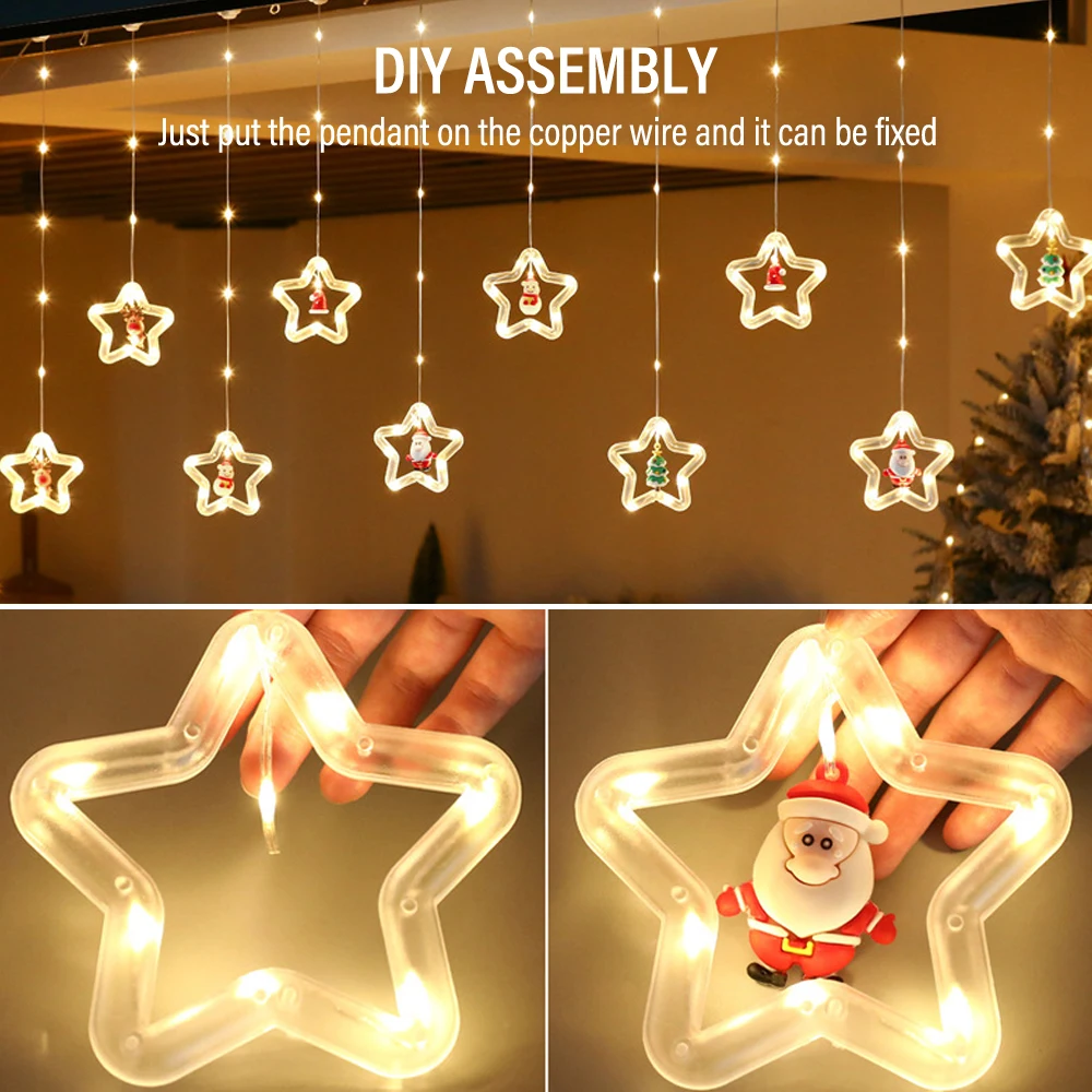 LED Curtain Light Christmas Decoration Stars String Lights USB with Remote Control Dimmable for Bedroom Room New Year Gift Party
