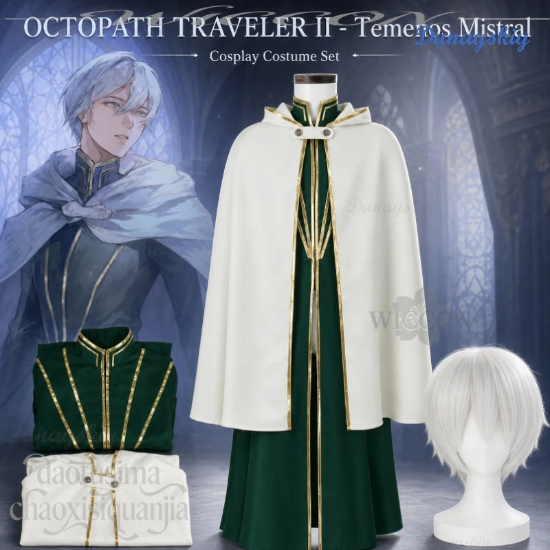 Фото Костюм для косплея по аниме-игре OCTOPATH TRAVELER II: Монах Теменос Мистраль, зеленое платье, длинная накидка, парик. Для Хэллоуина и Рождества. №1