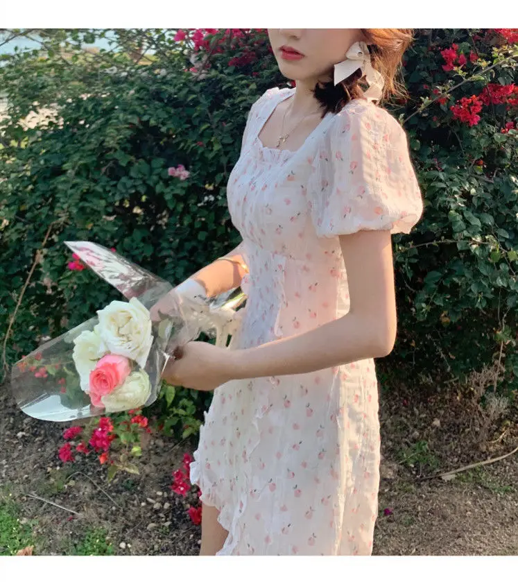 

French Chiffon Floral Dress Women Sweet Ruffles Designer Mini Fairy Dress Female Casual Korean Beach Party Dresses 2022 Spring