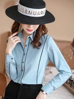 striped women shirt buttons up small lapel collar long sleeve office ladies blouses white slim fit breasted female tops fashion
