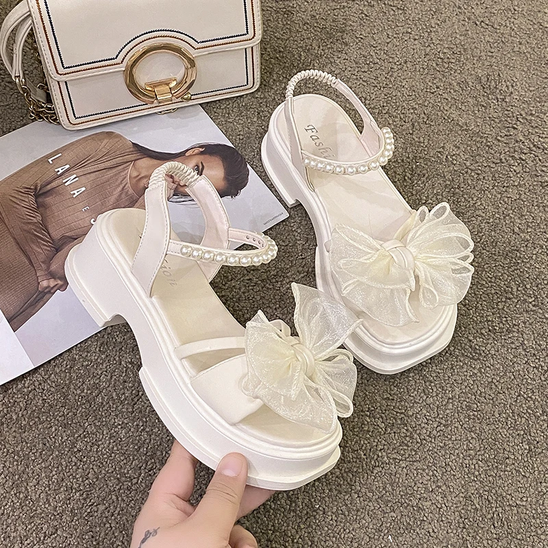 

Buckle Strap Bow Shoes Clogs Wedge 2022 Summer Beige Heeled Sandals Platform Black Retro Girls Comfort Low Thick Gladiator New