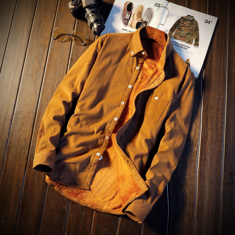 

Men Fashion Fleece Lined Warm Thick Classical Shirts Male Long Sleeve Brushed Casual Retro Tops Clothing