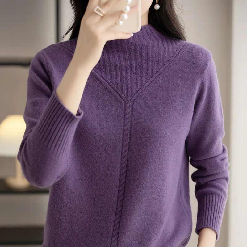 

Half high collar cashmere sweater women's sweater loose thickened solid color top bottomed long sleeved sweater in autumn and wi