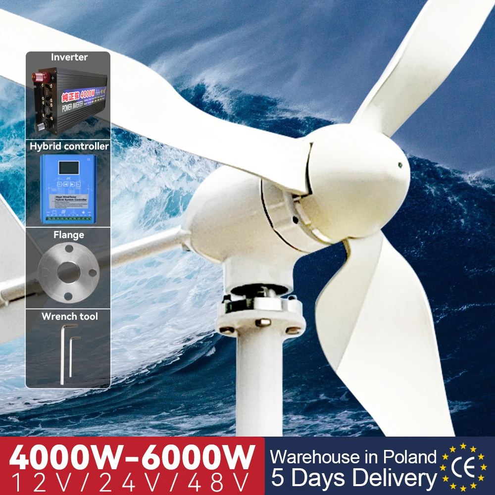 

Wind Turbine 4000W 6000W Energy Sources Electric Power Generator 12v 24v 48v 3 Blades Permanent Maglev Mppt Charge Controller