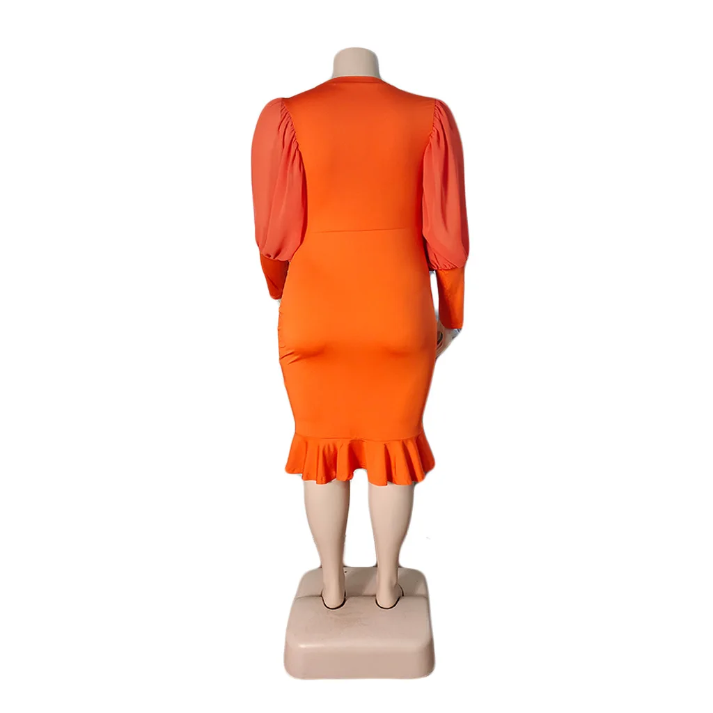 Plus Size Dresses O-Neck Long Sleeve Knee-length Solid Party Dresses Evening Dresses Lantern Sleeve Elegant Dresses for Women