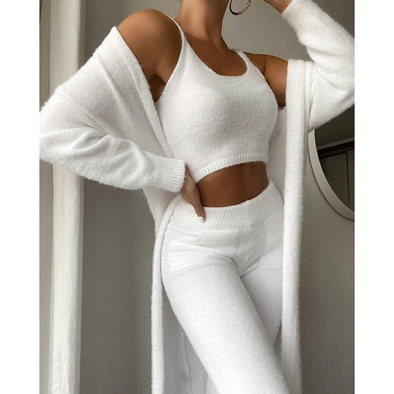 

Autumn Winter Casual Knitted Three Piece Set Women Tank Tops & Long Pants & Long Cardigan Coat Suit Loose Solid Outfit