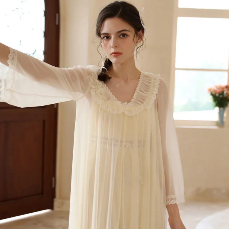 2pcs Nightgown Women Mesh Lace Lovely Sweet Nightdress Princess Nightgown Sleepwear Elegant Comfy Leisure Spring Sexy Sleepwear