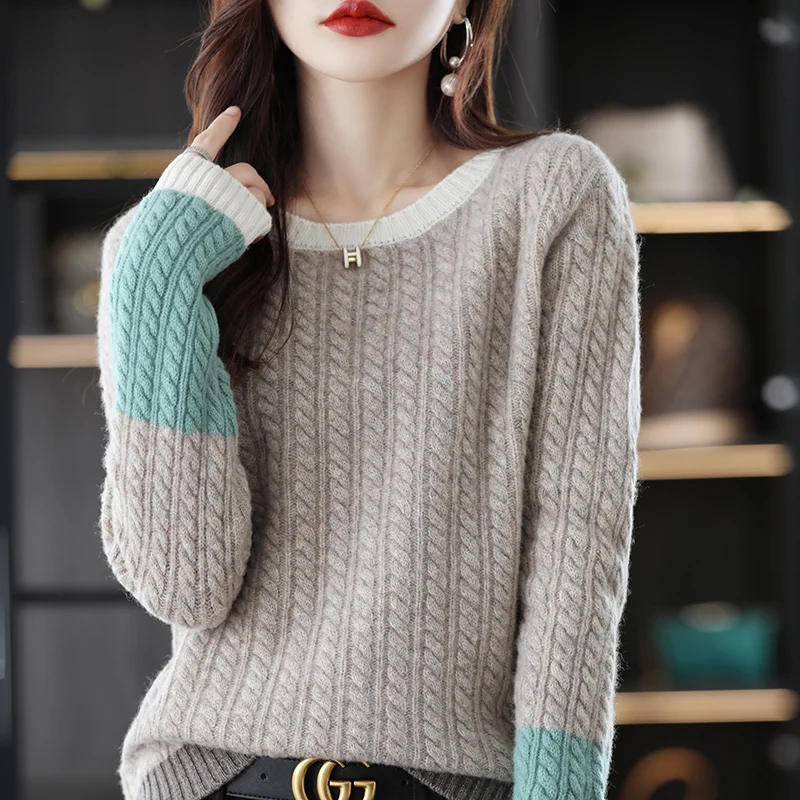 

22 new autumn and winter women's long-sleeved pullover twisted sweater sweater color matching round neck cashmere wool sweater