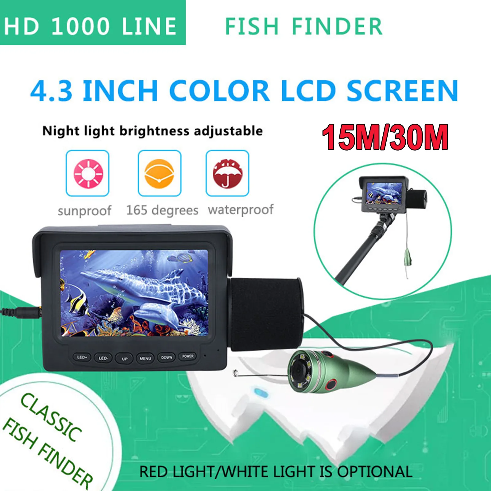 

4.3 inch Monitor HD Fish Finder 15M/30M Depth Underwater 1000TVL Fishing Camera 6PCS 6W IR LED Night Vision Camera For Fishing