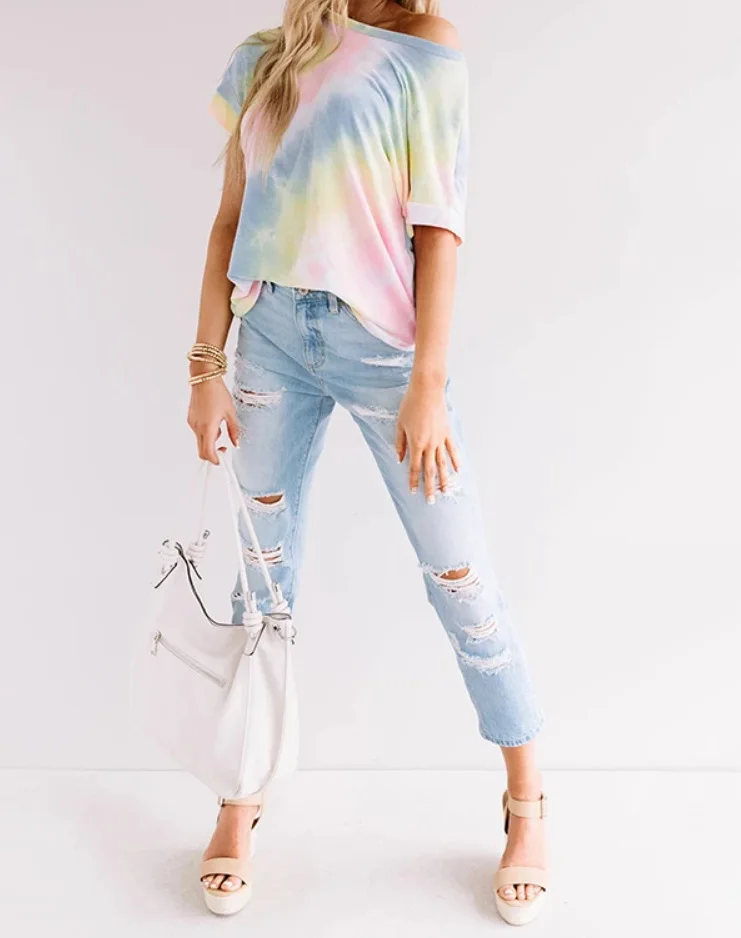 

2022 New Summer New Arrival Hot Sale Tie-Dyed Gradient Rainbow T-shirt Women