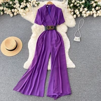 elegant purple office jumpsuit with belt womens summer solid overalls playsuits female outfit casual slit wide leg pants