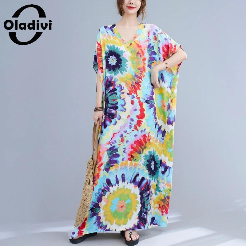 

Oladivi Oversize Oversized Maxi Long Boho Dress Women's Fashion Flower Print Summer Beach Bohemian Dresses Robe Femme 51091 9XL