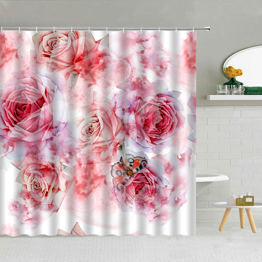 

Romantic Rose Red Blue Yellow Green Shower Curtain Fabric High Quality With Hooks Bath Screen Home Decor Waterproof Polyester