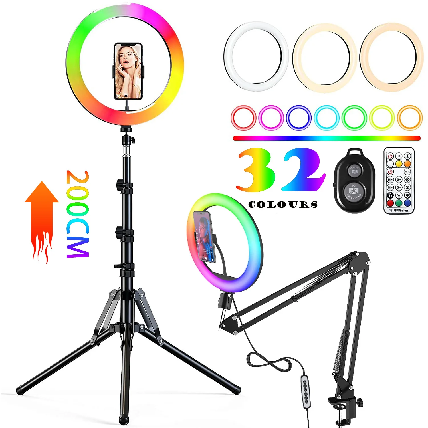 

RGB Color Soft Ring Light Photography Lighting Selfie RingLight Circle Lamp With Desk Long Arm Tablet Tripod Stand Phone Holder