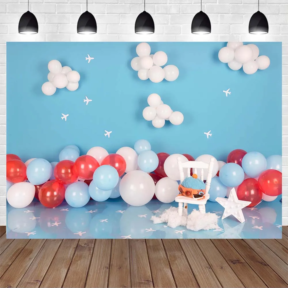 

Mocsicka Boy Birthday Portrait Photography Backdrops Balloon Blue Cake Smash Party Decor Photo Background Studio Photocall Props
