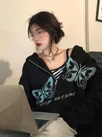 deeptown gothic butterfly print hoodies women harajuku hip hop oversized sweatshirts female black zip up long sleeve tops jacket