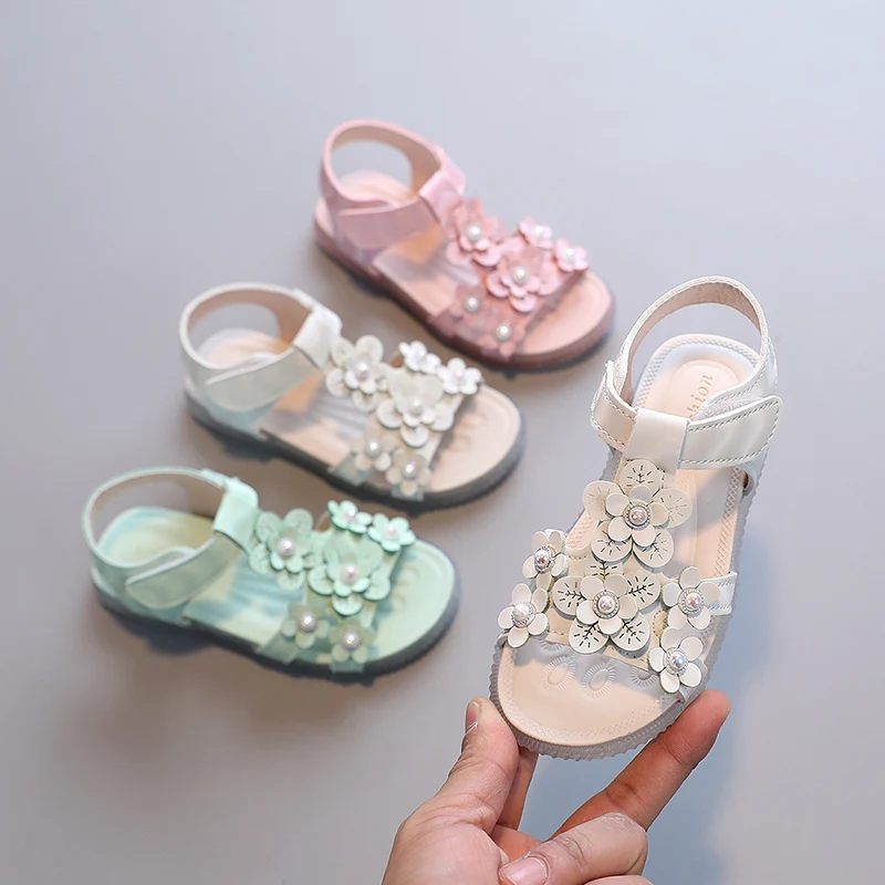 

Summer Girls Leather Flowers Sandals Baby Toddler Pearls Beach Shoes Kids T-strap Slippers Elegant Flats 3-6Y Sport Sandaliase