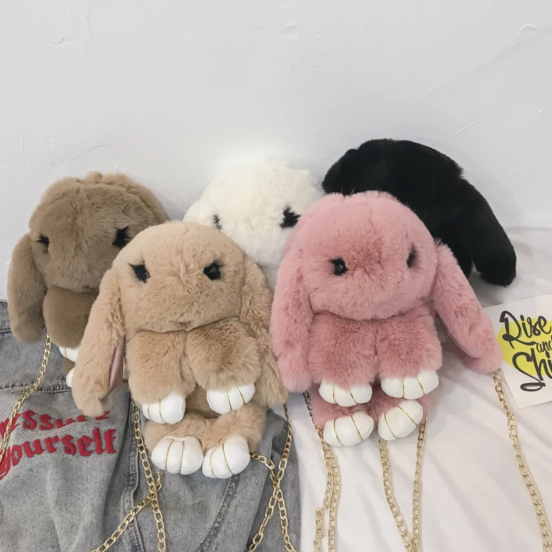 21colorsCute Plush Bunny Rabbit Women Shoulder Bags Cartoon Lady Chains Crossbody Bag Faux Fur Messenger Bag Small Amimal Purses