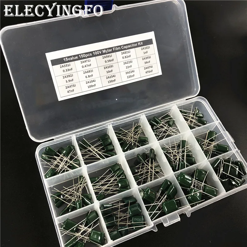 15Value x10pcs 150pcs Mylar capacitor kit 100V 2A331J to 2A474J Polyester Film capacitor Assorted Kit with box