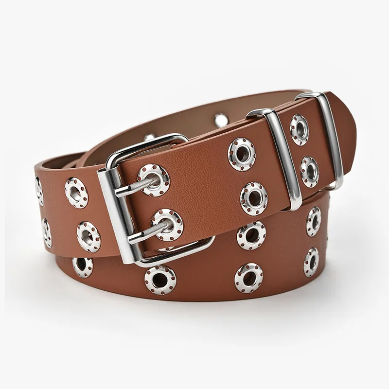 

Punk Pu Waist Strap Fashion Double Row Adjustable Buckle Belts Classic Business Alloy Buckle Girdle Women Men Casual Waistband