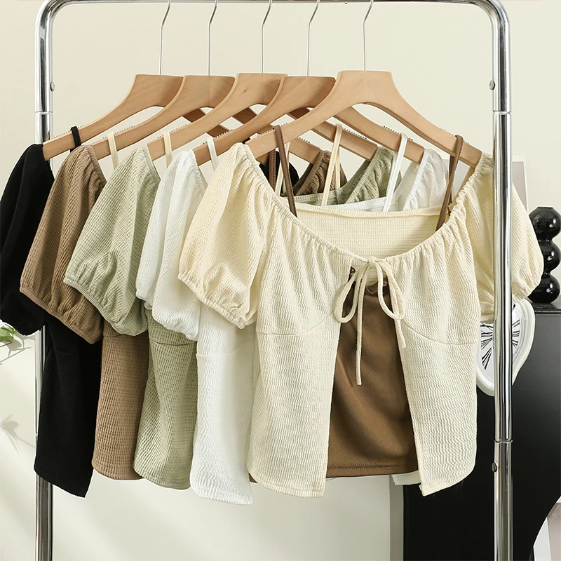 

Fake Two Halter Short Sleeve T-shirt Women 2023 Summer New Sweet and Spicy Lace-up Short Top Korean Knit Women T Shirt