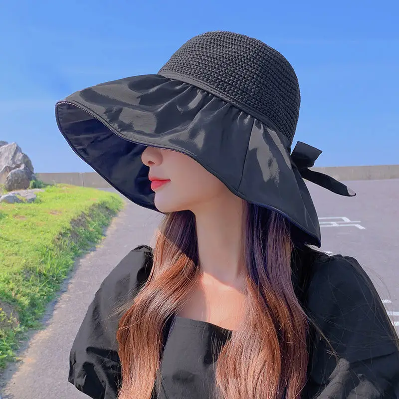 

2023 Summer Women Sunshade Hat Black Rubber Hollow Bow Female Anti-ultraviolet Large Eaves Face Sunscreen Sunhat Fisherman Cap