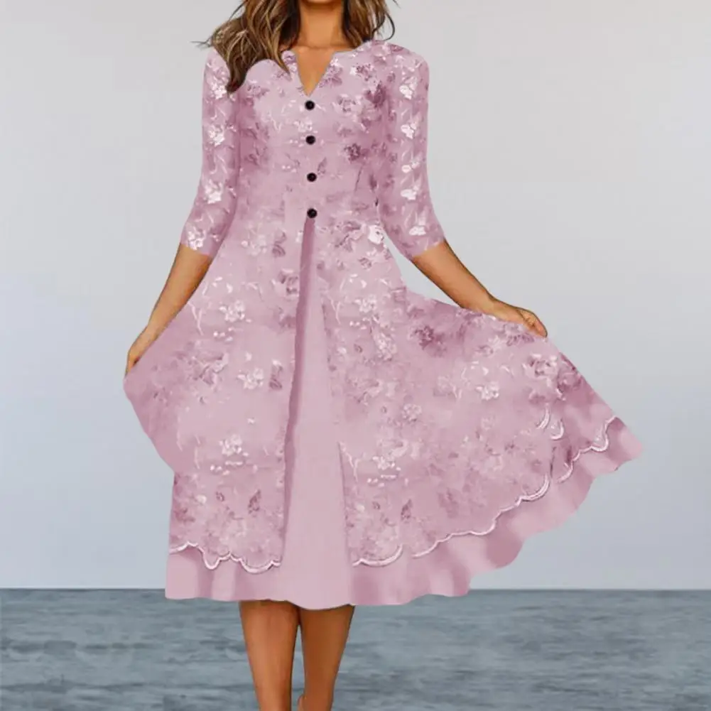 

Popular Midi Dress Loose Hem Comfy Holiday Dress Floral Print Vacation Long Dress