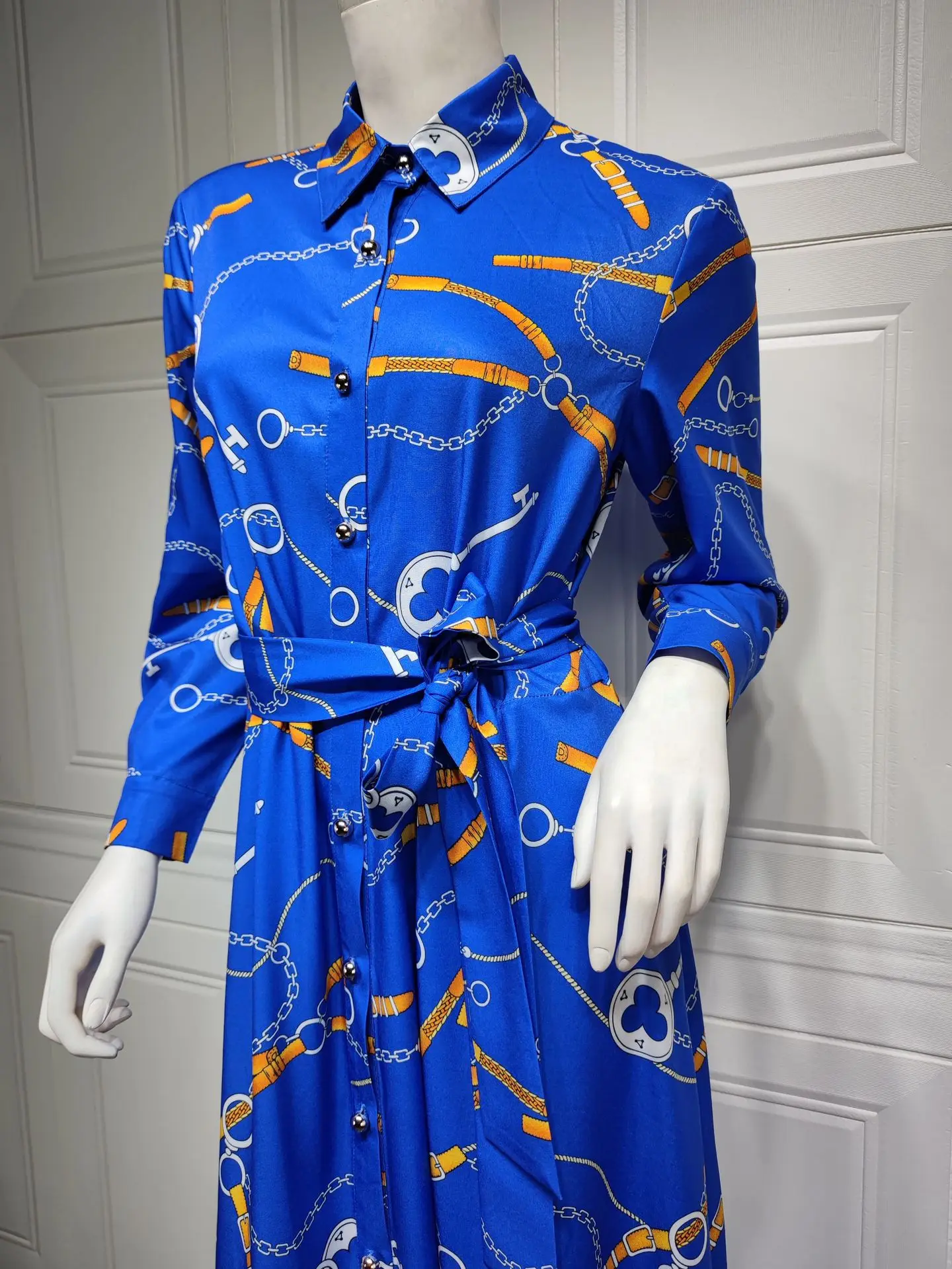 Muslim Hijab Shirt Dress Dubai Abayas for Women Chain Print Long Sleeve Button Islam Casual Turkey Arabic Abaya Jalabiya Kaftan