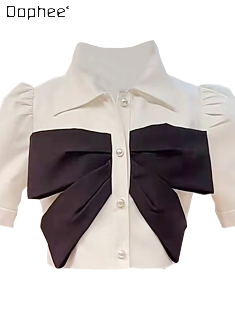 

Clothes Women High-End Woman Bow Short Sleeve Apricot Polo Collar Short Shirt 2022 Summer New French Loose Women's Cropped Tops