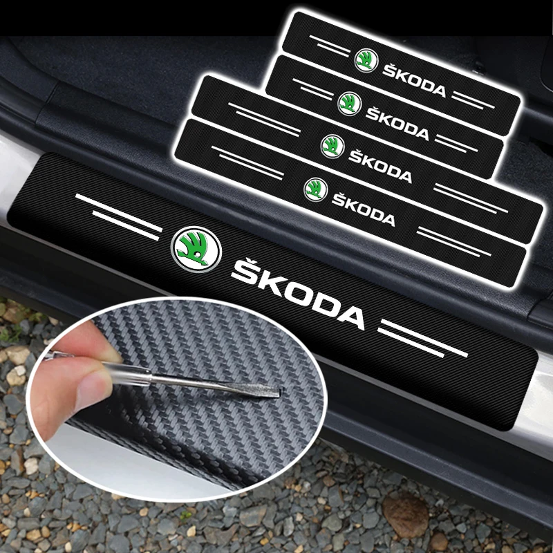 

4 pcs Car Door Threshold Stickers Carbon Fiber Protect Decors Auto Sills Decals For Skoda Octavia Fabia Kamiq Kapoq Kodiaq Rapid