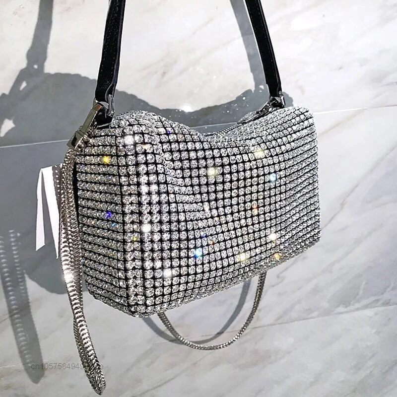 

New Ladies Evening Party Clutch Bags Rhinestones Silver Shiny Crystal Wedding Purses Handbag Women Luxury Diamonds Shoulder Bag