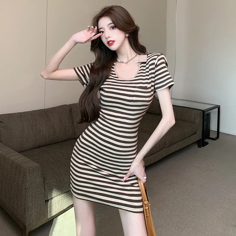 

2022 New Summer Polo Turn-down Striped U-neck Sexy Slim Sheath Woman Short T-shirt Dress Casual Club Party Hot-Girls Dresses