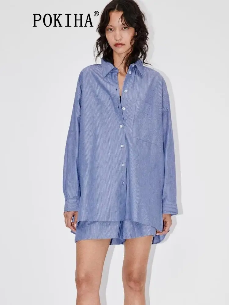 

Pokiha модная Женская Полосатая Рубашка оверсайз с длинным рукавом Топы и повседневные шорты с эластичной талией женские шикарные комплекты из двух частей Mujer