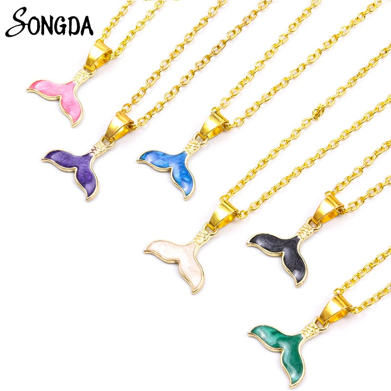 

Mermaid Fishtail Necklace Whale Tail Pendant Choker For Women Alloy Drip Oil Sweet Neck Chain Fashion Party Jewelry Accessories