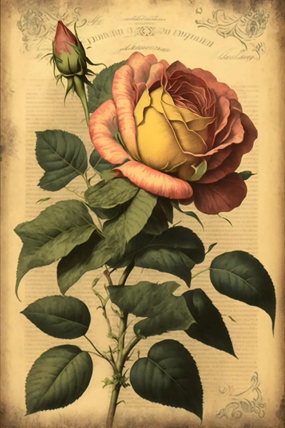 FEBOW Retro Style Metl Tn Sgn Vntge Rose Newspper Wll rt Decor 12x17 nch