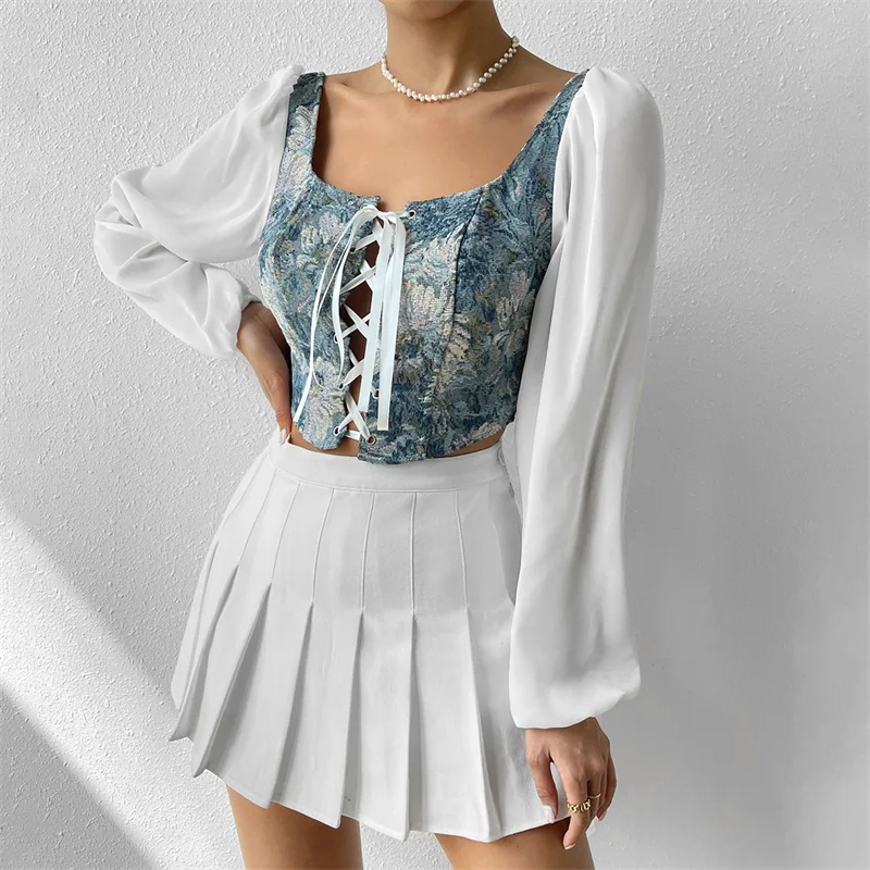 

Осенне-весенние женские футболки, жаккардовые, цветочные, в стиле пэчворк, Модные Винтажные корсеты, Короткие топы, квадратный вырез, искусс...