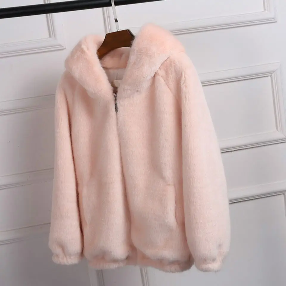 Rabit Women Winter Coat Thick h Hooded Ladies Short Fur Coat Loose Faux Fur Fabric Girls Overcoat Fluffy Furry Windbreaker