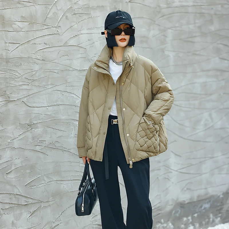 Vintage Women Winter 90% white duck down jacket Khaki 2023 New trendy Knit pockets parkas Long sleeve puffer coat INKEO 2O341