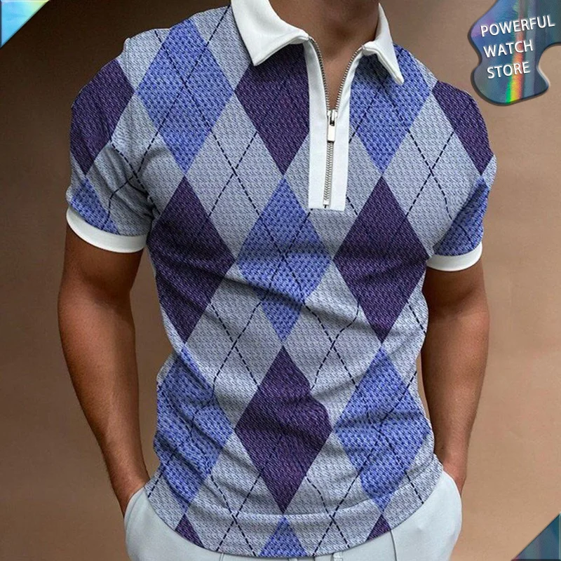 

Summer New High Quality Men Polo Shirts Plaid Print Casual Short Sleeve Mens Shirts Turndown Collar Zipper Men Tops Pullovers